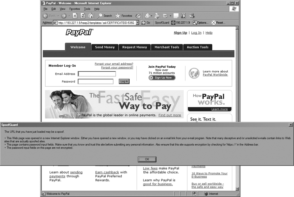 SpoofGuard’s warning on a spoofed PayPal site