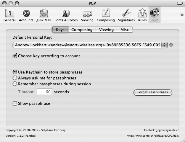 The PGP Preferences window in Mail.app