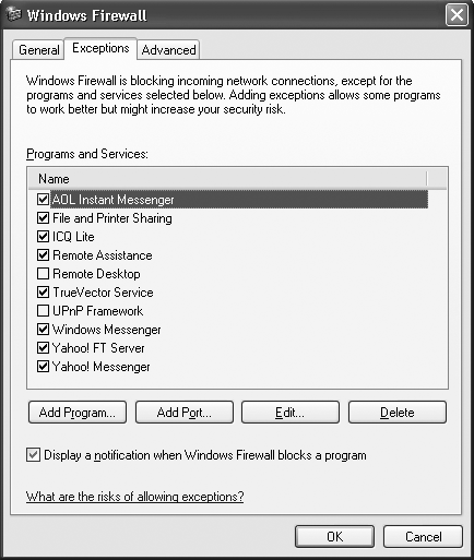 The Windows Firewall Exceptions tab