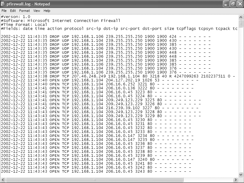 A log generated by the Windows Firewall