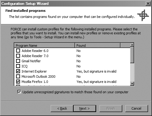 Selecting preconfigured application profiles