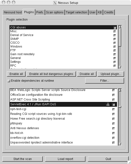 Nessus 2.x plug-in selection