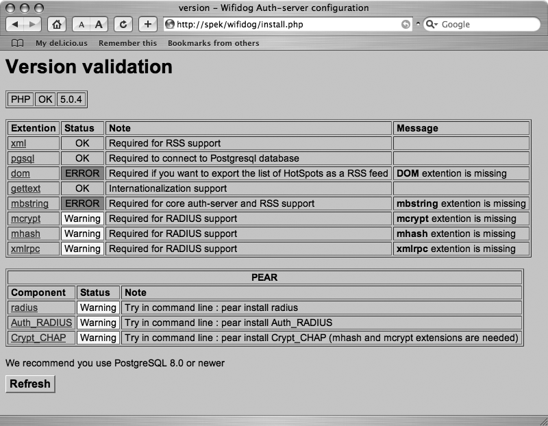 Status of prerequisite software packages