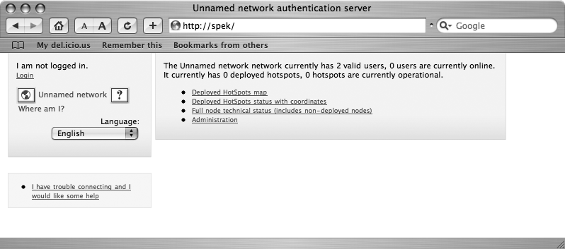 The authentication server’s main page