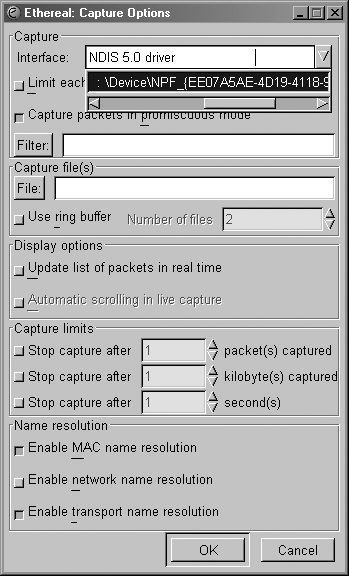 Ethereal Capture Options dialog