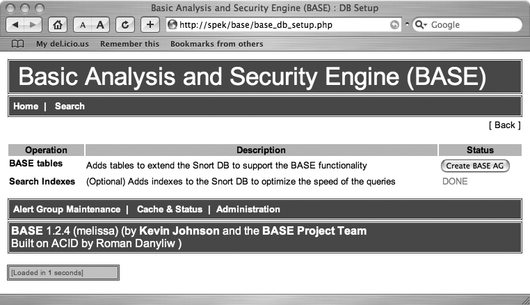 The BASE database setup page