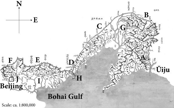 Map 2.1 The overland route between Beijing and Ŭiju in the late eighteenth century. The line connecting points A, B, C, and D on the map marks the Willow Palisade, which started at Fenghuang City (A) and ended near the Great Wall (the line connecting points D, E, and F). The line connecting points A, G (Mukden), H (Shanhai Pass), I (Fengrun), and J (Tongzhou) forms the overland route that Chosŏn’s emissaries took to Beijing after crossing the Yalu River. Yŏji to, handwritten map, preserved at the Kyujanggak Institute for Korean Studies at Seoul National University. Copyright Kyujanggak Institute for Korean Studies.