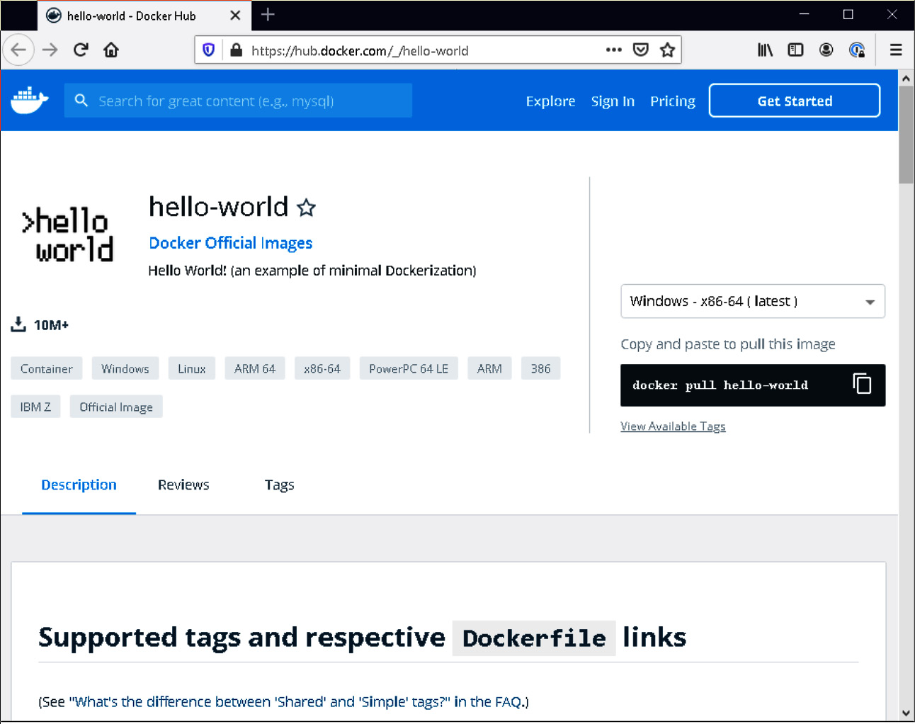 Figure 3.1 – The hello-world image page on Docker Hub