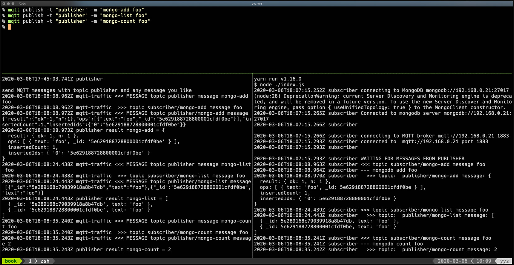 Figure 3.4 – Three shells demonstrating the publisher and subscriber working together