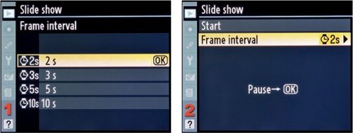 The Slide show option’s Frame interval menu screens