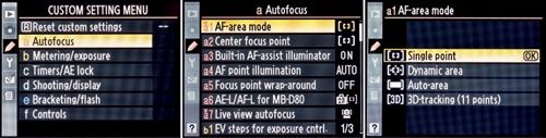 AF-area mode selection screens, Single-point AF