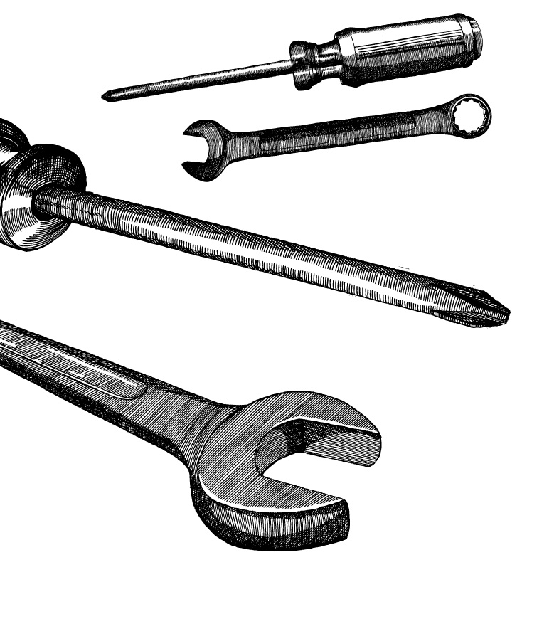 An od style line drawing of tools, including two screwdrivers and two wrenches