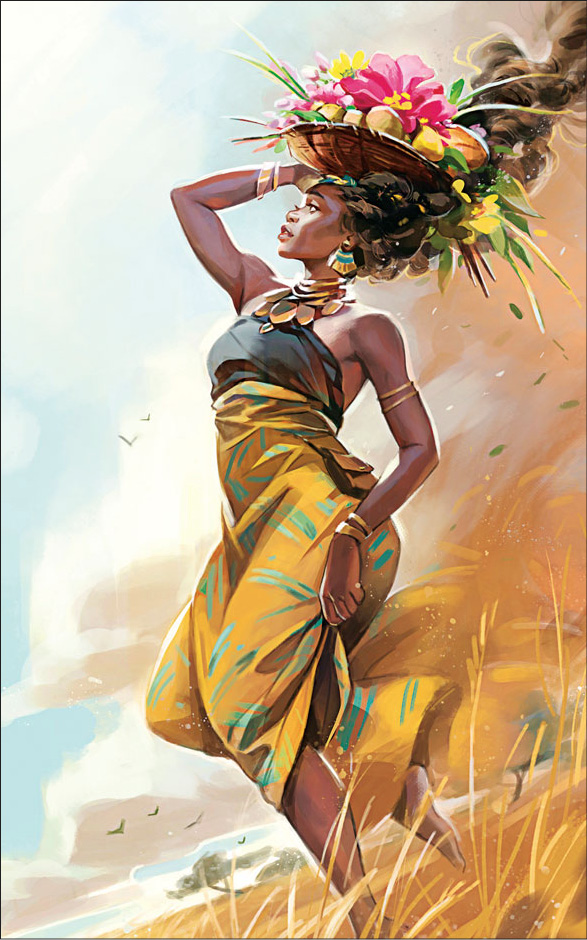 Illustration of Asuquo walking, carrying a basket of fruit on her head.