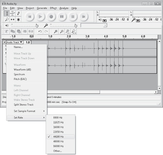 Selecting a sample rate in Audacity.