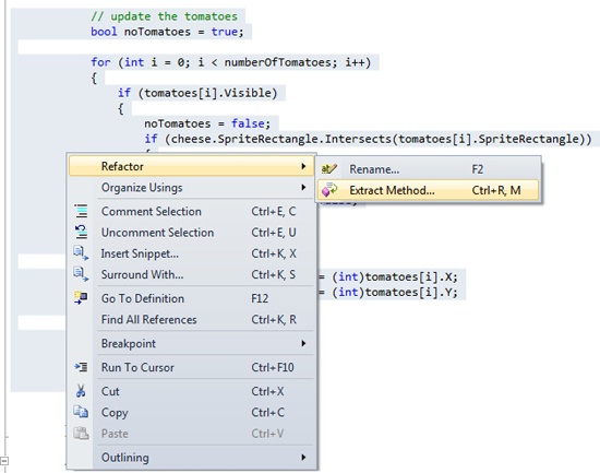 Opening the Extract Method dialog box.