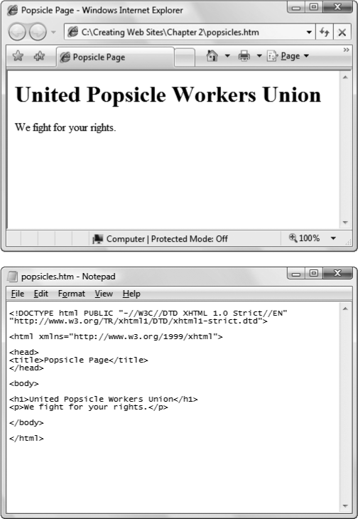 You store XHTML documents as ordinary text.Top: The Word document in rewritten as an XHTML document and displayed in a Web browser.Bottom: When you display an XHTML file in a text editor, you can easily spot all the text from the original document, along with a few extra pieces of information inside angle brackets (< >). These are XHTML tags.