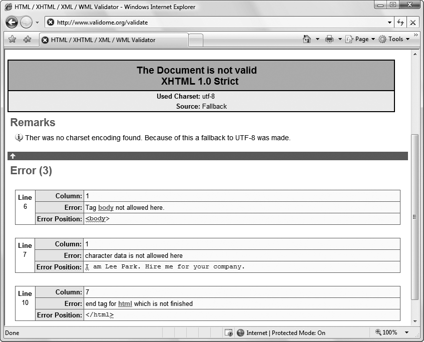 The validator has discovered three errors in this file that stem from two mistakes. First, the page is missing the mandatory <header> section. Second, it contains text that's placed directly in the <body> section, rather than in a block-level element (like a paragraph). Incidentally, this file is still close enough to correct that most browsers will display it correctly, without warning you about the sloppy XHTML inside.