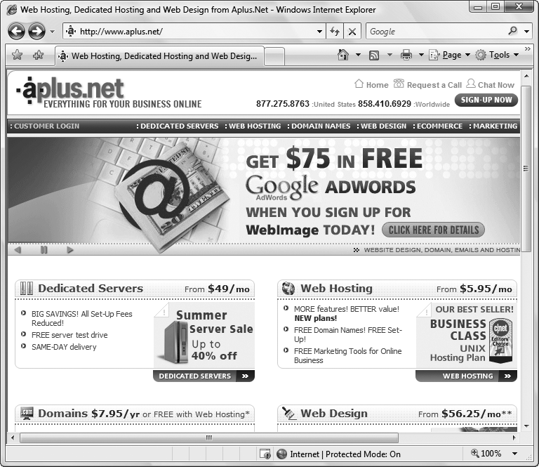 There's a lot of information packed into this page. Click the Web Hosting heading to find out about the hosting plans that Aplus offers (). In the top-right corner of the page, you'll find toll-free numbers and a Chat Now button. Click this, and a chat window appears where you can type your question to an Aplus technician and get an immediate answer. If you're serious about signing up with Aplus, it's a good idea to give both these options a try so you can evaluate its technical support.