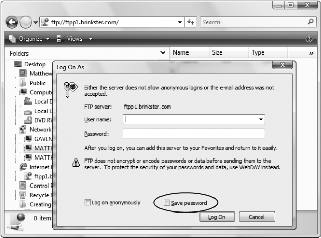 When you first enter the FTP site address, Windows Explorer will probably try to log you in anonymously and fail. It may then prompt you for your user ID and password (as shown here), or it may just show you an error message. If you get an error message, click OK, and then select File → Login As from the menu. If you turn on the "Save password" checkbox (circled), you don't need to repeat this process on subsequent visits.