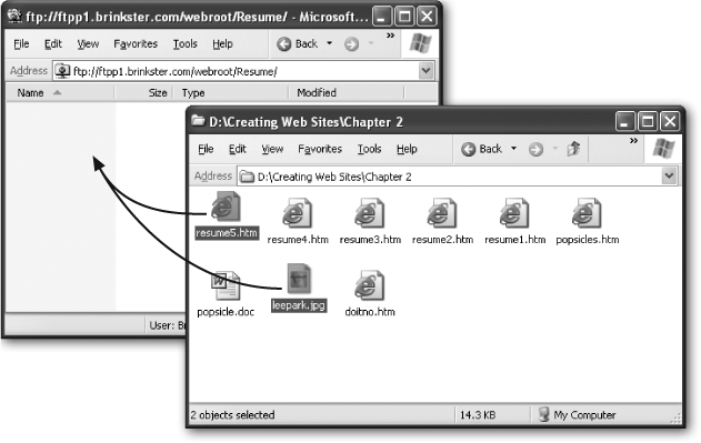 To get Lee Park onto the Web, start by opening a window in your file system using Windows Explorer. Then browse to the appropriate folder on your computer. When you find the resume5.htm and leepark.jpg files you downloaded earlier, select them, and then drag them into the FTP window to start the uploading process.