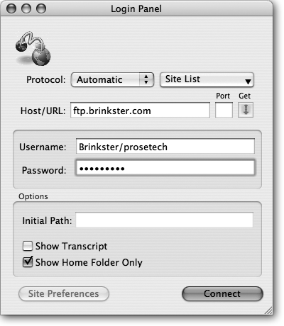 To log in to Rbrowser, you need to supply the name of the FTP server (in the Host/URL box), and your user name and password. Don't worry about setting an initial path—you can always browse to the right subfolder on your Web site once you make the connection. Finally, click Connect to seal the deal.