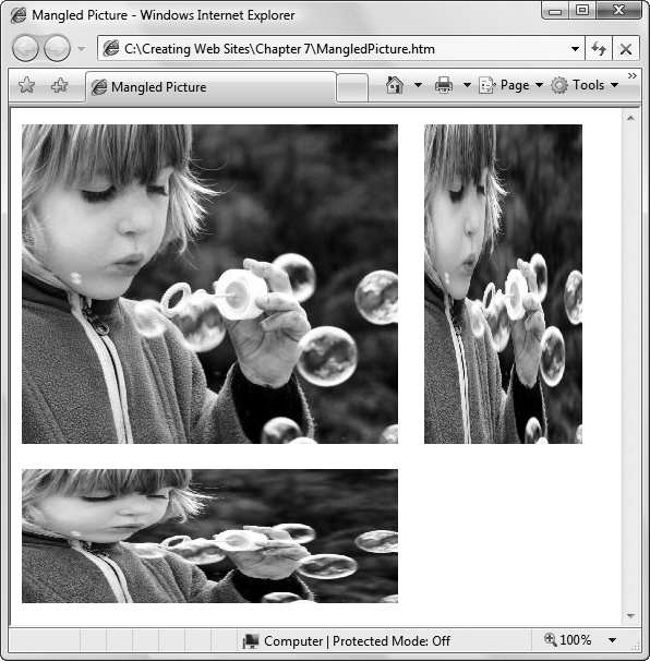 Never use the height and width attributes to resize a picture, because the results are almost always unsatisfying. Enlarged pictures are jagged, shrunken pictures are blurry, and if you change the ratio of height to width (as with the top-right and bottom images shown here), browsers squash pictures out of their normal proportions.