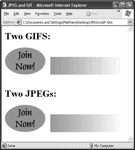 JPEGs and GIFs are the two most commonly used image file formats on the Web. You'll notice that GIFs produce clearer text, while JPEGs do a much better job of handling continuous bands of color. GIFs simulate extra colors through dithering, a process that mixes different colored dots to simulate a solid color. The results are unmistakably unprofessional. (You may not be able to see the reduced text quality in this black-and-white screen capture, but if you take a look at the downloadable samples for this chapter, you'll see the difference up close.)