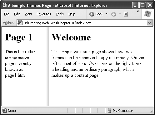 Here's what happens when you click the link on the left-hand frame shown in . The target page (page1.htm) appears, but it's in the frame where the menu bar used to be. Now you're stuck, with no navigation controls to move around.