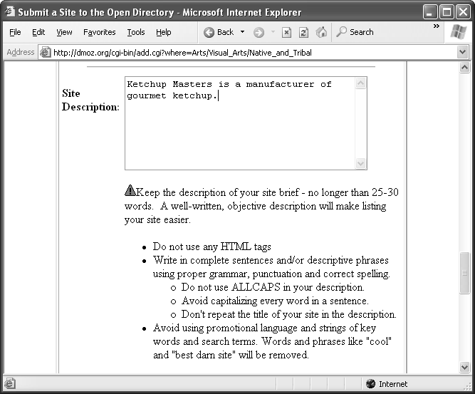 Here's a portion of the ODP submission form for a new site. Read all the instructions carefully, fill in the boxes, and then click the inviting Submit button at the bottom of the page (not shown here).