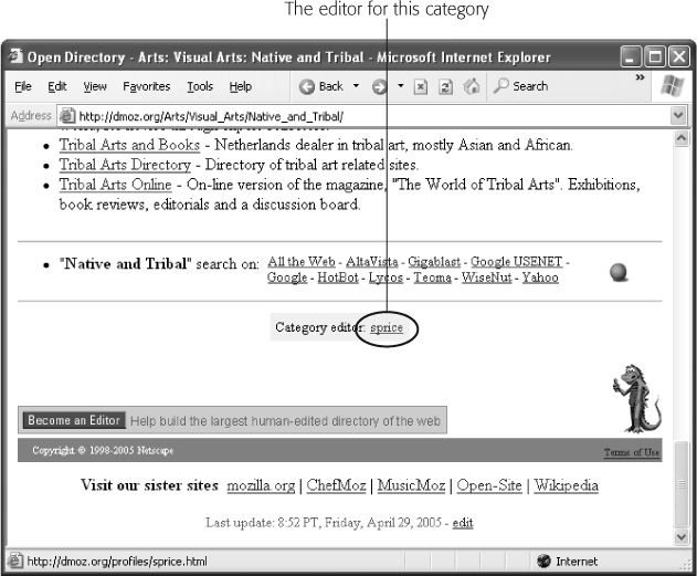 Click the editor's name ("sprice") to find out who he is, what categories he manages, and how you can email him.