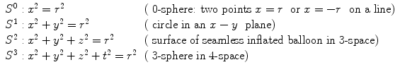 
$$\begin{array}{ll} S^{0}: x^{2} = r^{2} & (\mbox{ 0-sphere: two points}\ x = r\ \mbox{ or}\ x = -r\ \mbox{ on a line}) \\ S^{1}: x^{2} + y^{2} = r^{2} & (\mbox{ circle in an}\ x - y\ \mbox{ plane}) \\ S^{2}: x^{2} + y^{2} + z^{2} = r^{2} & (\mbox{ surface of seamless inflated balloon in 3-space}) \\ S^{3}: x^{2} + y^{2} + z^{2} + t^{2} = r^{2} & (\mbox{ 3-sphere in 4-space})\end{array}$$
