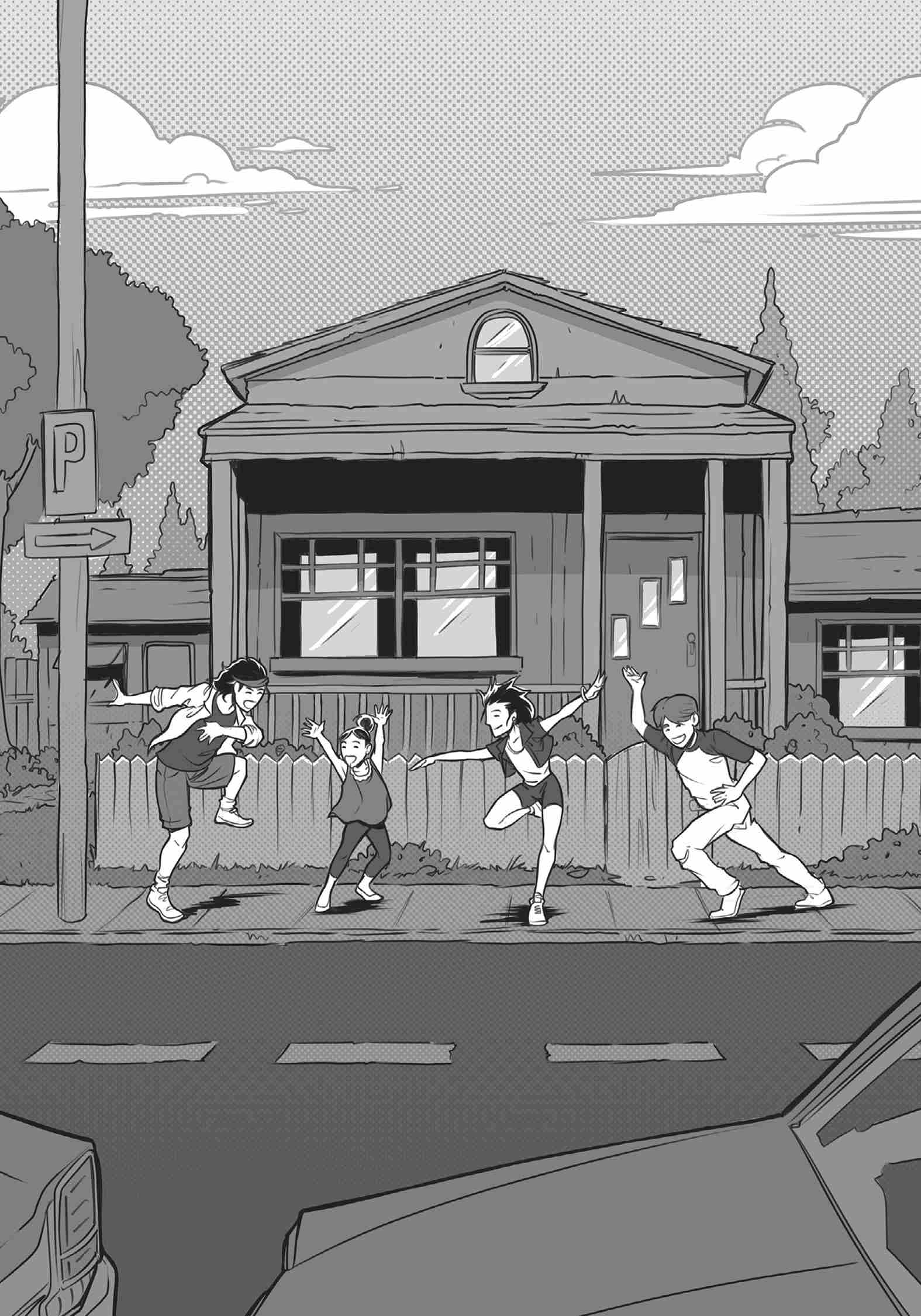 Tobias, Mary, Anne, and Declan dancing on a sidewalk in front of a house.