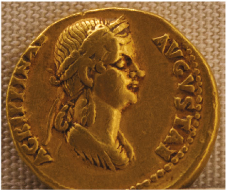 Figure 1.2. Roman gold aureus showing the portrait of Agrippina. Note her title, “Augusta.” (National Roman Museum, Palazzo Massimo, Rome)