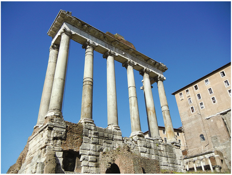 Figure 1.3. The Temple of Saturn. Note the space below the façade, which was used as the storehouse for the treasury of the Roman state. (Republican Forum, Rome)