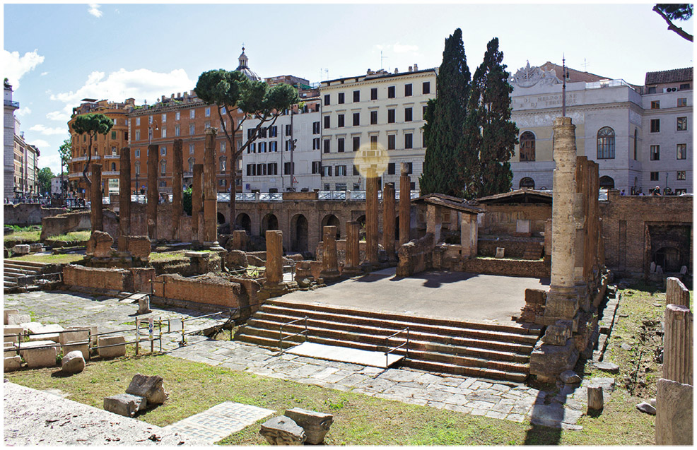 Figure 3.3. Remains of republican-era temples. Visible in the background are the arches under the street, which are the remains of the Portico of Pompey, part of the Theater of Pompey complex.