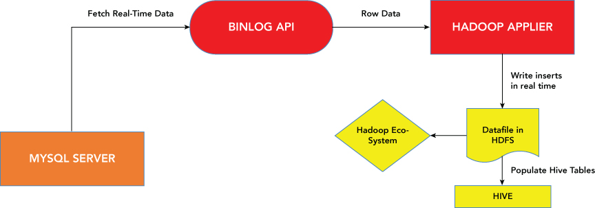 Schematic representation of real-time connectivity between MySQL and Hadoop's Distributed File system. 