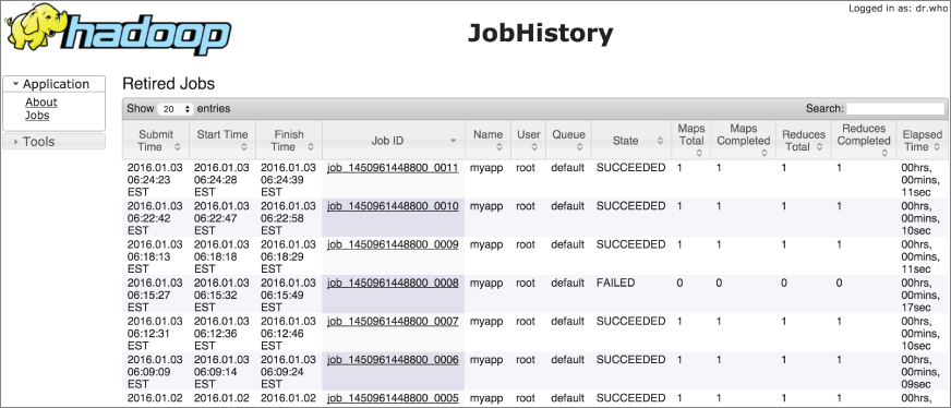 Overview of the logs of past applications seen through the web UI.