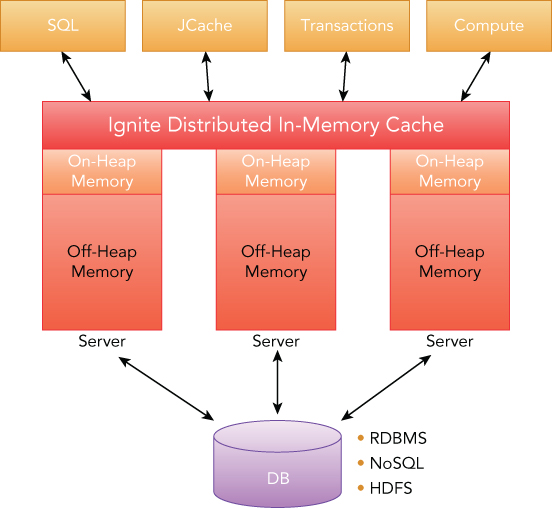 Schematic representation of Ignite in-memory data grid enabling data caching within a distributed cluster memory.