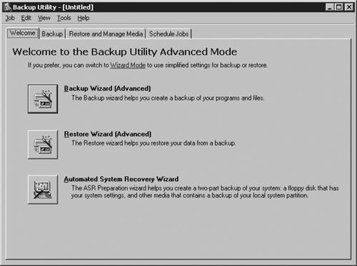 Backup wizard main screen