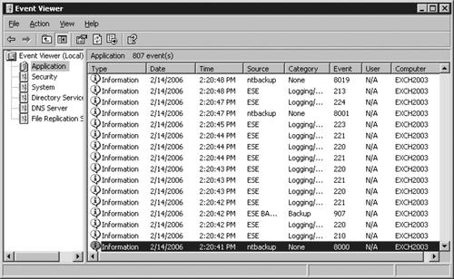 Backup status in Event Viewer