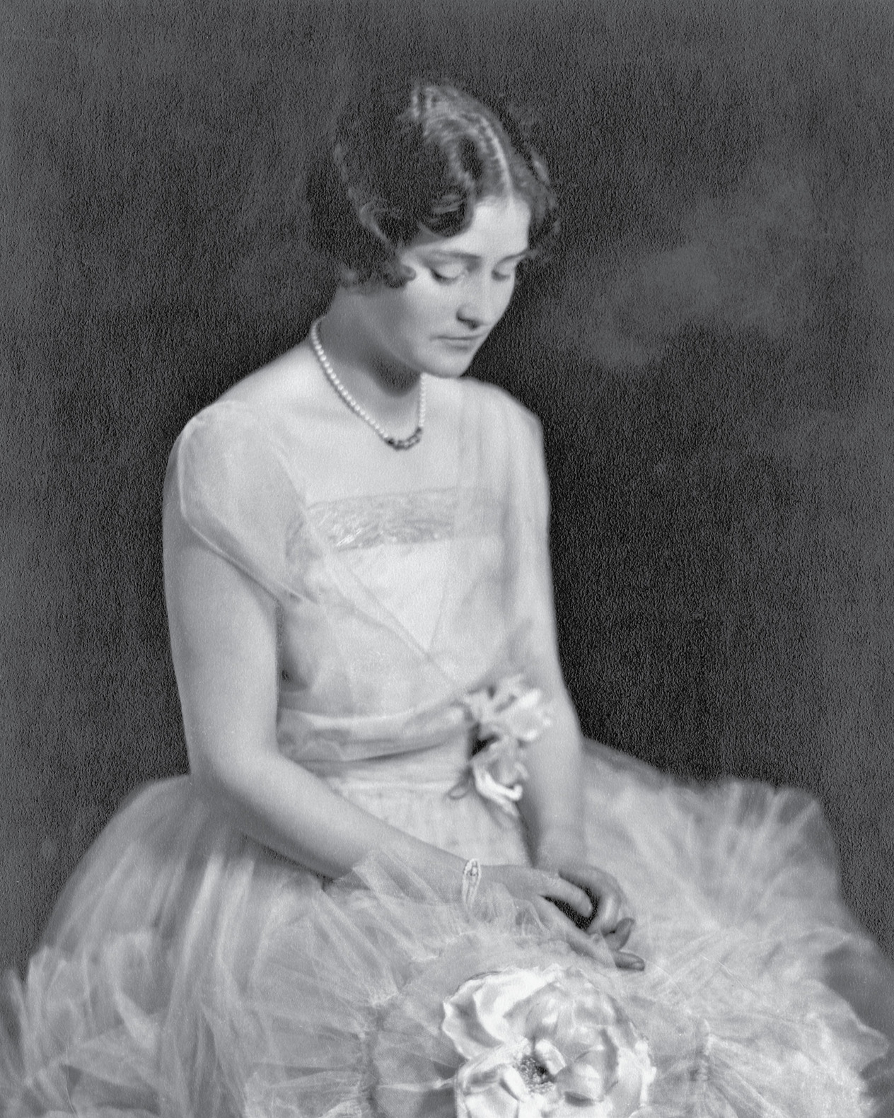 Alicia, demure debutante, at her coming-out at the Blackstone Hotel, Chicago, 1925.