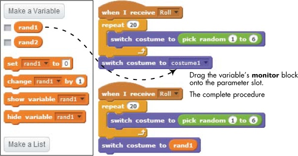 To use a variable in a command block, just drag that variable over the parameter slot of that block.