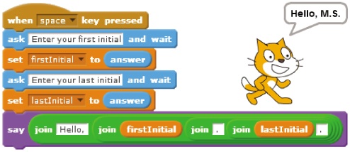 A script that uses two variables to read in and store the user’s initials