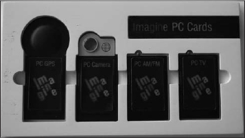 Model PCMCIA cards used in internal IBM presentations to obtain funding for the Simon project. Inserting the cards would expand the phone’s functionality by adding GPS, camera, TV, and radio capabilities.