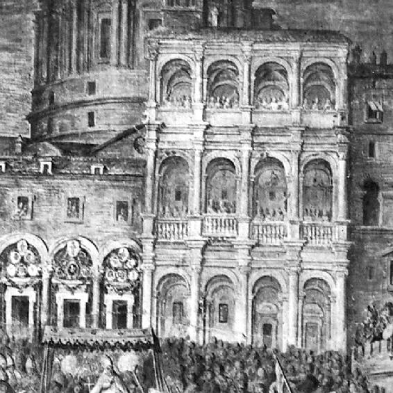 La Loggia delle Benedizioni, oggi scomparsa, fu voluta da papa Pio II (1458-1464) con un disegno che ricalcava gli archi sovrapposti del Colosseo. Per la sua realizzazione furono utilizzati marmi e travertini provenienti dallo stesso Anfiteatro. © John Pearson, op. cit.