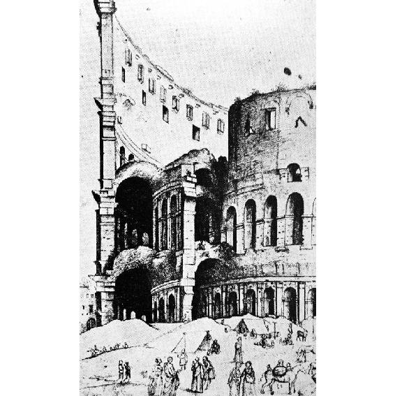 Uno scorcio dell’interno del Colosseo alla fine del XV secolo, con il terreno salito a coprire parte degli archi del primo livello e accampamenti nei dintorni, illustrato da un artista della scuola di Domenico Bigordi detto il “Ghirlandaio” (1449-1480). © Michela Di Macco, op. cit.