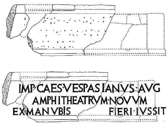 L’ipotesi ricostruttiva dell’iscrizione dedicatoria del Colosseo. © Sangue e arena, a cura di A. La Regina, Electa, 2001.