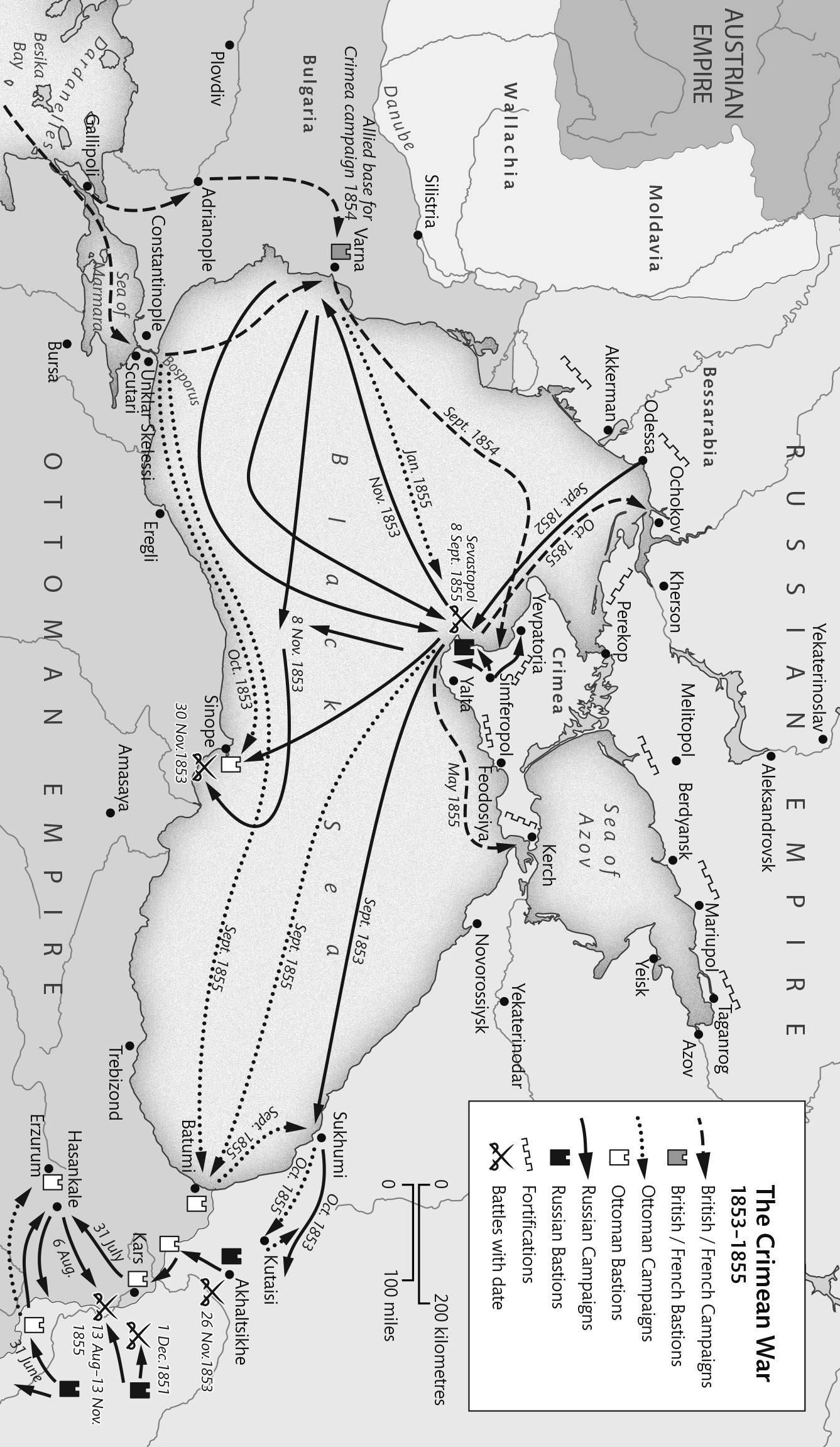 Map of campaigns and battles from the Crimean War