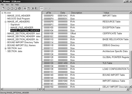 TLS callback example—a TLS table in PEview