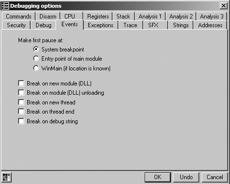 OllyDbg first pause options